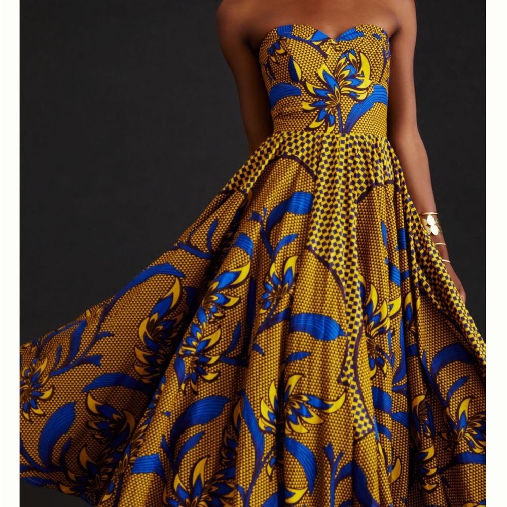 Anthropologie Strapless Maxi Dress in Mustard Yellow and Royal Blue Floral Print